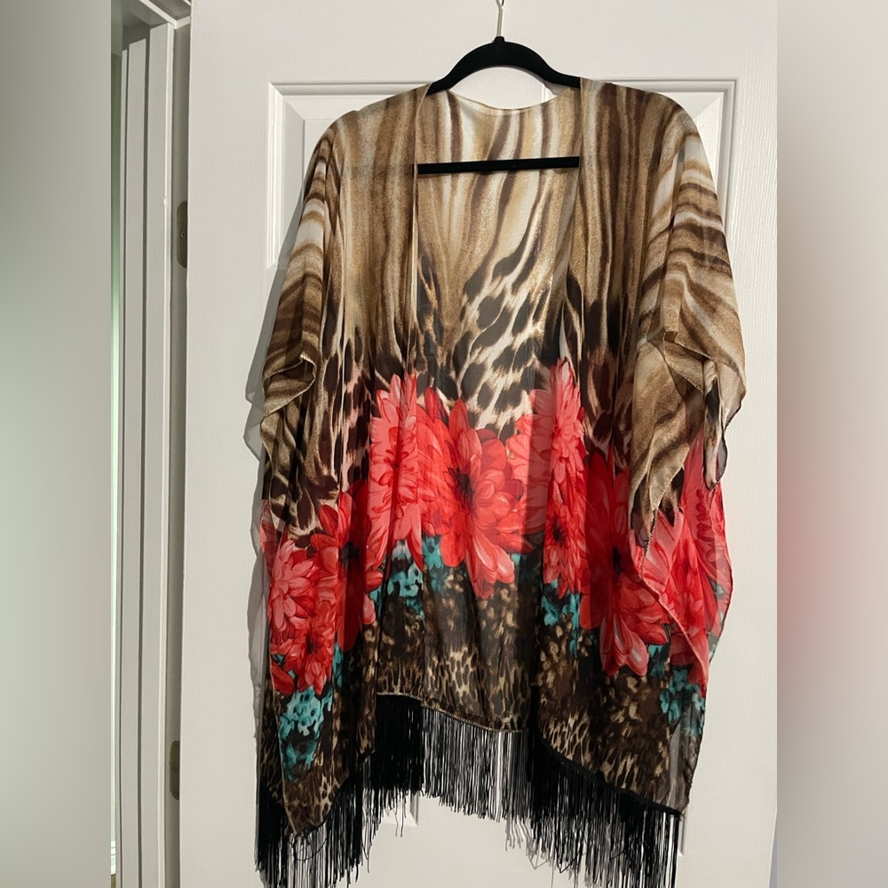 Animal Print Kimono with Red Floral Accents